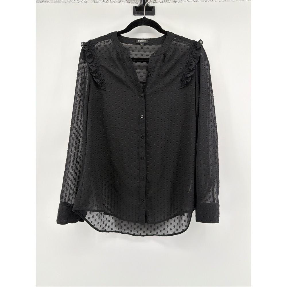 Express Womens Black Sheer Swiss Dot Ruffle Shoulder Button Up Blouse Medium
